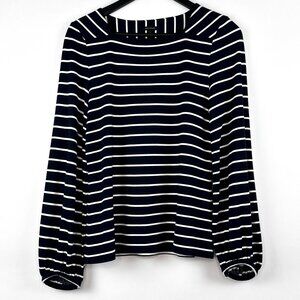 Ann Taylor Striped Square Neck Top Navy Blue White Balloon Sleeves Knit Size S
